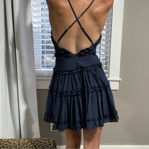 Navy Blue Criss-Cross Ruffled Flare Skirt Mini Dress - XS - Picture 4 of 4